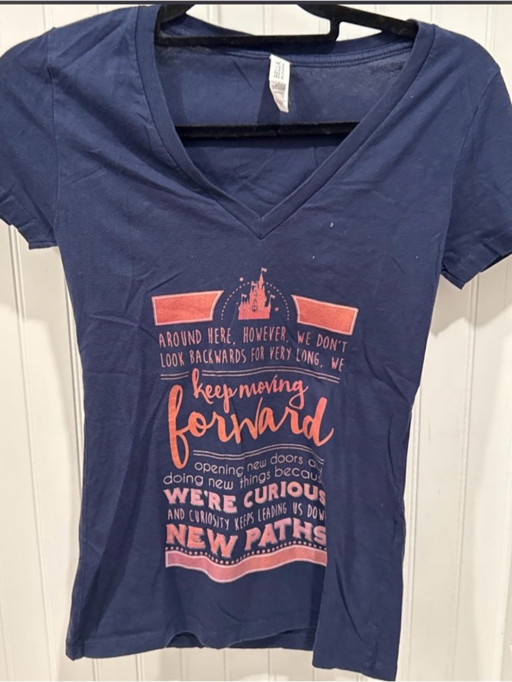 Bella Canvas Navy V-Neck Tee with Disney Coral Graphic